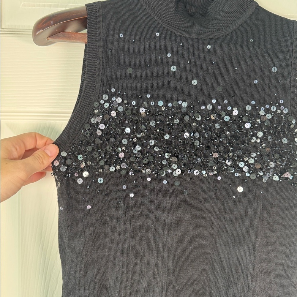 Elisa Landri Black Knit Beaded Sweater Tank Mock Neck Made in Italy Size Small - Picture 2 of 9